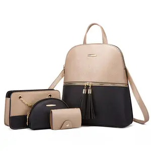 Amazing hot sale Solid Leather Girl Backpacks 4pcs Set Clutch Designer Shoulder Bags College Student Handbags