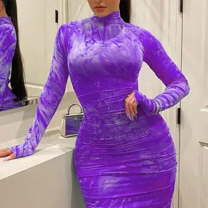 Quality Wholesale Fashion Styles Tie Dye Print Long Sleeve Bodycon Elegant Sexy Dress For Women Vestidos De Mujer