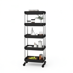 5 Tier Black <b>Kitchen</b> Trolley 16.5x11.4x50.4 Inch Iron And Abs <b>Storage</b> Unit For <b>Kitchen</b> - Product Image 1