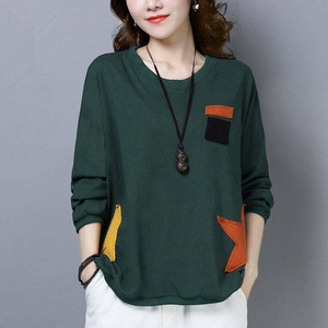 Women's Cotton Long Sleeve Loose T-Shirt Plus Size Round Neck <b>Patchwork</b> Star Applique Casual Autumn Spring Korean Style <b>Top</b> - Product Image 2