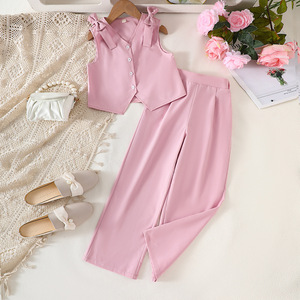 Ensemble <span class=keywords><strong>pantalon</strong></span> et haut décontracté d'été pour filles de 8 à <span class=keywords><strong>12</strong></span> <span class=keywords><strong>ans</strong></span>, couleur unie avec nœud, en polyester/coton respirant - Product Image 1