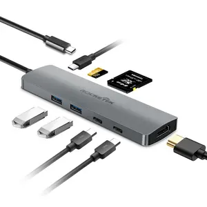 Rocketek Adaptor USB-C Aluminium 8 In 1, Adaptor PD Pengisian Daya 4 Port USB 3.0 Video Konverter USB Tipe C Hub Adaptor