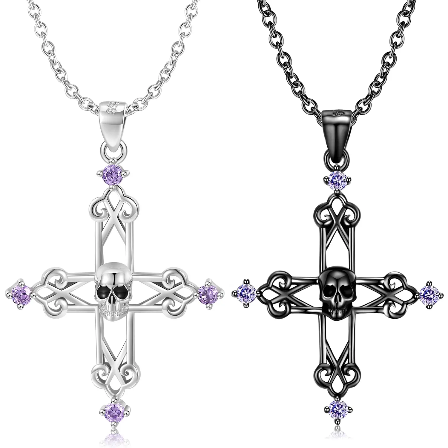 Skeleton Cross Necklace Pendant With Purple Zirconia Authentic 925 Sterling Silver For Amazon Women Necklace Jewelry Wholesale