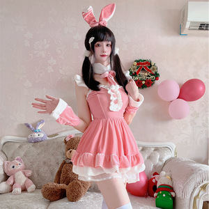 Pink Velvet Dress with White Trim and Bow <b>Women's</b> Fancy Costume <b>Cosplay</b> Outfit No Label for Christmas Halloween Role Play - Product Image 2