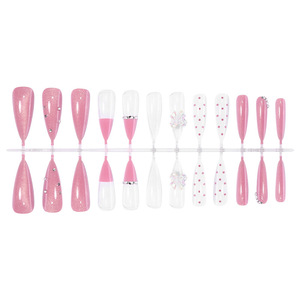 24 <span class=keywords><strong>faux</strong></span> <span class=keywords><strong>ongles</strong></span> roses en amande à motif pois français avec strass, en ABS de haute qualité, à presser, réutilisables pour application sur les doigts - Product Image 4