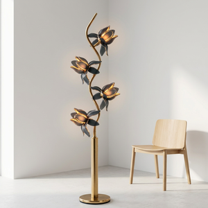 Lampadaire floral artistique avec pétales en verre gris, support en fer noir, luminaire E26, lampe sur pied unique en forme de fleur pour la maison et le bureau - Product Image 5