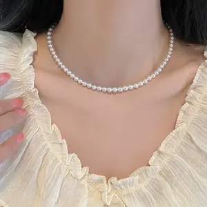Collier ras du cou avec chaîne de perles simple de style vintage de 6mm pour femmes, collier pendentif en coquillage d'amour et de mariage, bijoux de mode, vente en gros