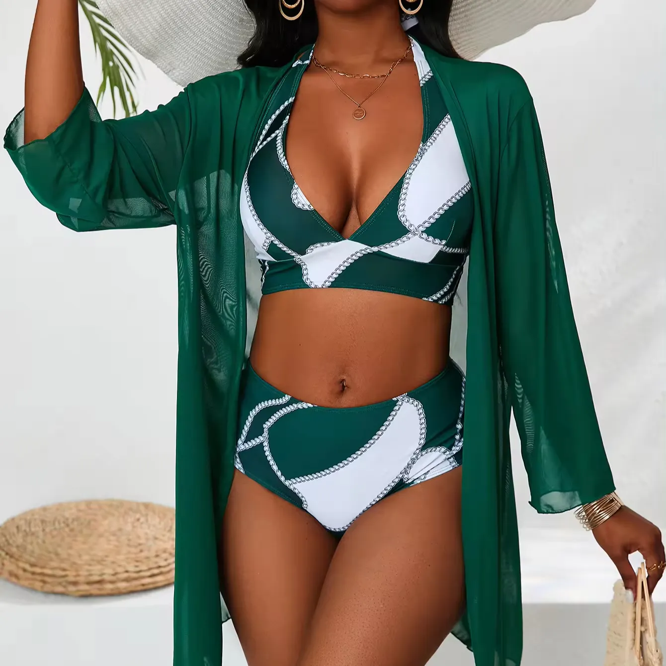 Magnifique vert jeune fille Sexy Bikini chaud xxx 24 XS taille haute bas 3 pièces ensemble avec maille couvrir