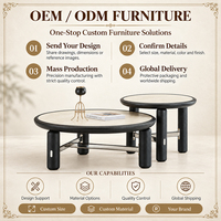Ensemble de tables basses rondes Stretcher Brace avec dessus en os, bords noirs et pieds courts pour salons lumineux et appartements compacts