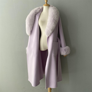 럭셔리 여성용 양면 울 코트 리얼 퍼 칼라 롱 윈터 패션 트렌디 오버코트 벨트 더블 페이스 울 코트 - Product Image 5