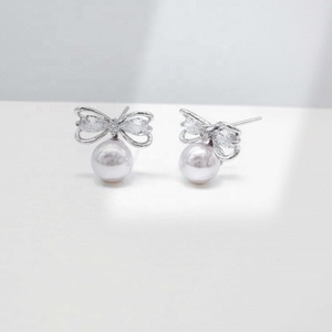 wholesale plata 925 sterling <b>silver</b> novelty ladies <b>earring</b> designer trendy dainty vintage zircon korean bow pearl <b>stud</b> <b>earrings</b> - Product Image 5