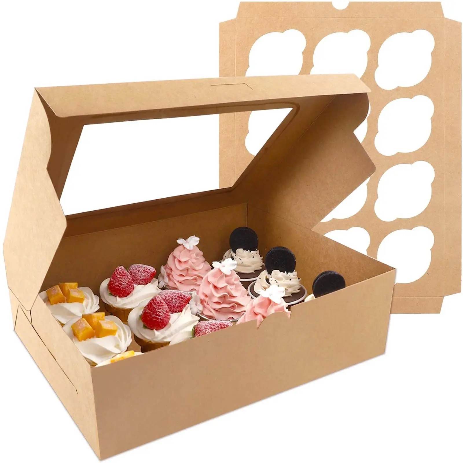 Bruin Kraftpapier 12 Count Kraft Muffins Gebak Cupcake Transparante Bakkerij Carrier Taartdoos Cajas De Acetato Pastel