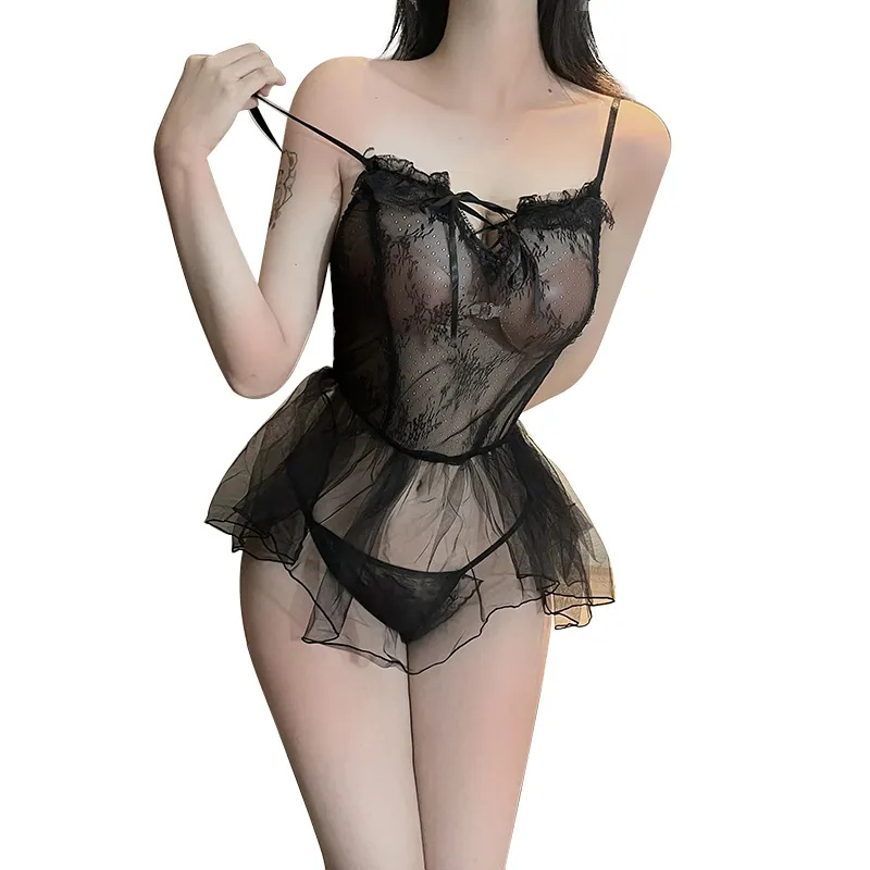 Wholesale women sexy nightwear hot ladies sleepwear sexy see through lace solid color black white pajamas dress set