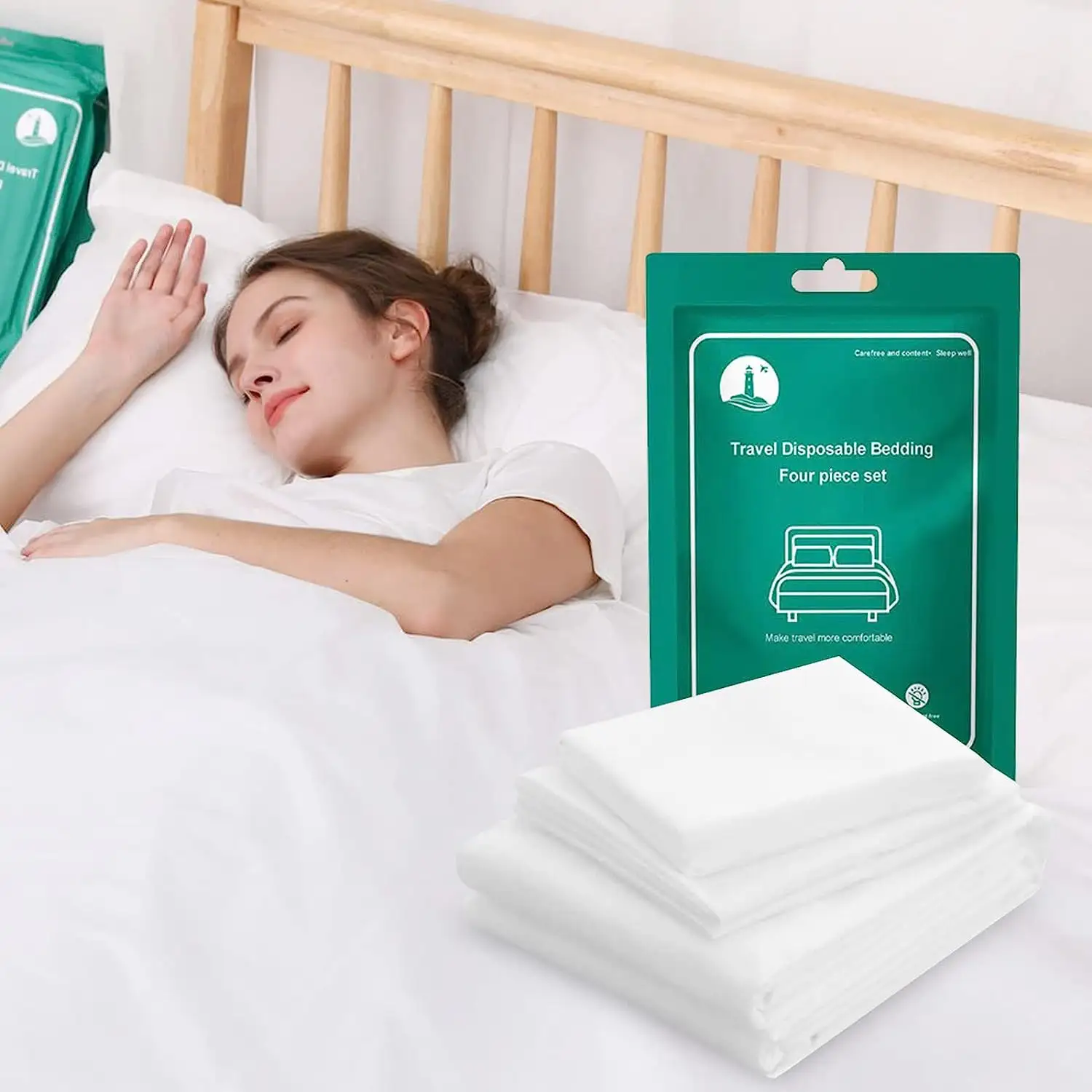 4 PCS Disposable Bed Sheets Travel Sheets with 1 Quilt Cover 1 Sheet and 2 Pillowcase for Travel Business Trip Spa Hotel