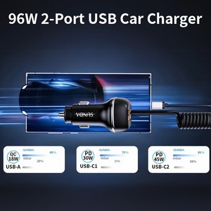 Chargeur de <span class=keywords><strong>voiture</strong></span> à charge rapide 96W 2 ports PD/PPS/QC3.0 avec câble spiralé de 1,8 m, protection OTP/OVP - Product Image 4
