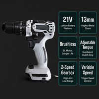 Perceuse-visseuse sans fil pour l'assemblage et la réparation |   Embrayage sans balais 21V 65Nm de couple élevé |   Lampe de travail LED à 2 vitesses avec mandrin de 13 mm et batterie de 2,6 Ah