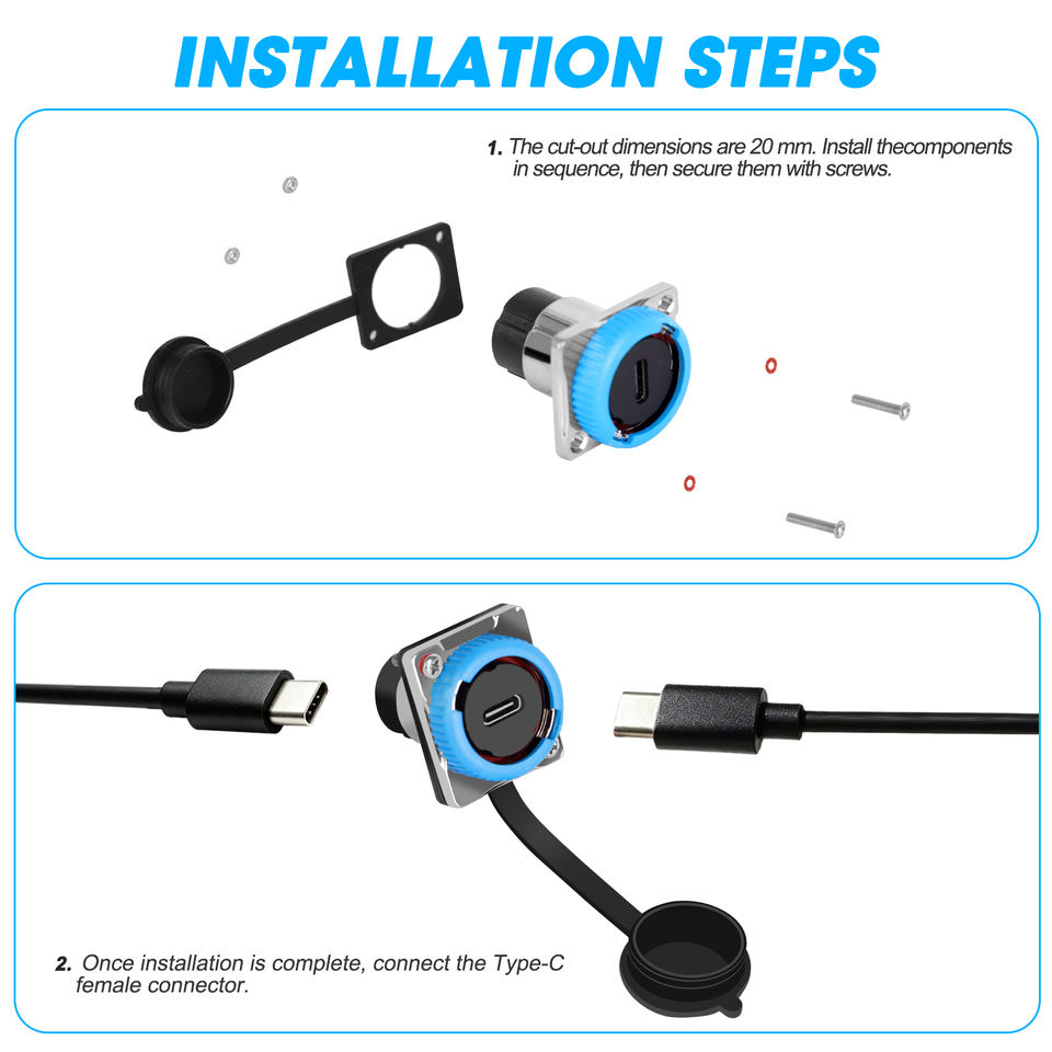 IP68 Waterproof USB C Connector High Speed 10Gbps Panel Mount Type C Female to Female Adapter