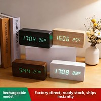 Horloge Réveil en Bois pour le Commerce International, Vente en Gros, Affichage Numérique LED, Recharge Électronique, Commande Vocale, Heure Mondiale