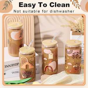 12 oz 16 oz Borosilicate Glass Can <b>Cup</b> Pint Tumbler with Bamboo <b>Straw</b> <b>Lid</b> Modern Style Dishwasher & Microwave Safe for Adults - Product Image 4