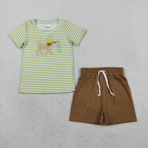 Conjunto de Ropa de Verano para Niños con Bordado de Pesca de Cachorros y Rayas Verdes RTS - Product Image 2