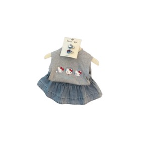 Girls Summer Cartoon KT Vest Denim Fishtail Skirt Set Cotton Thin Solid Color With Label - Product Image 5