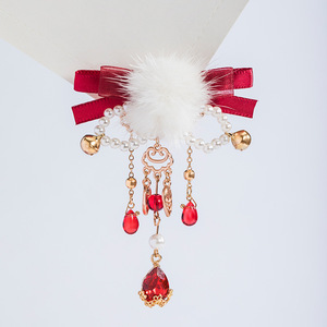 Pinzas para el pelo con pompones, accesorios para el cabello rojos, borlas de cinta de estilo chino, estilo antiguo Hanfu, tocado de felpa para el Año Nuevo, largo - Product Image 2