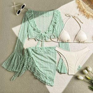 2025 Nieuwe Bruine En Witte Effen Bikini Driehoek Badmode Bikini Lange Mouw Hot Sex Volwassen Vrouwen 4-delige Bikini - Product Image 1