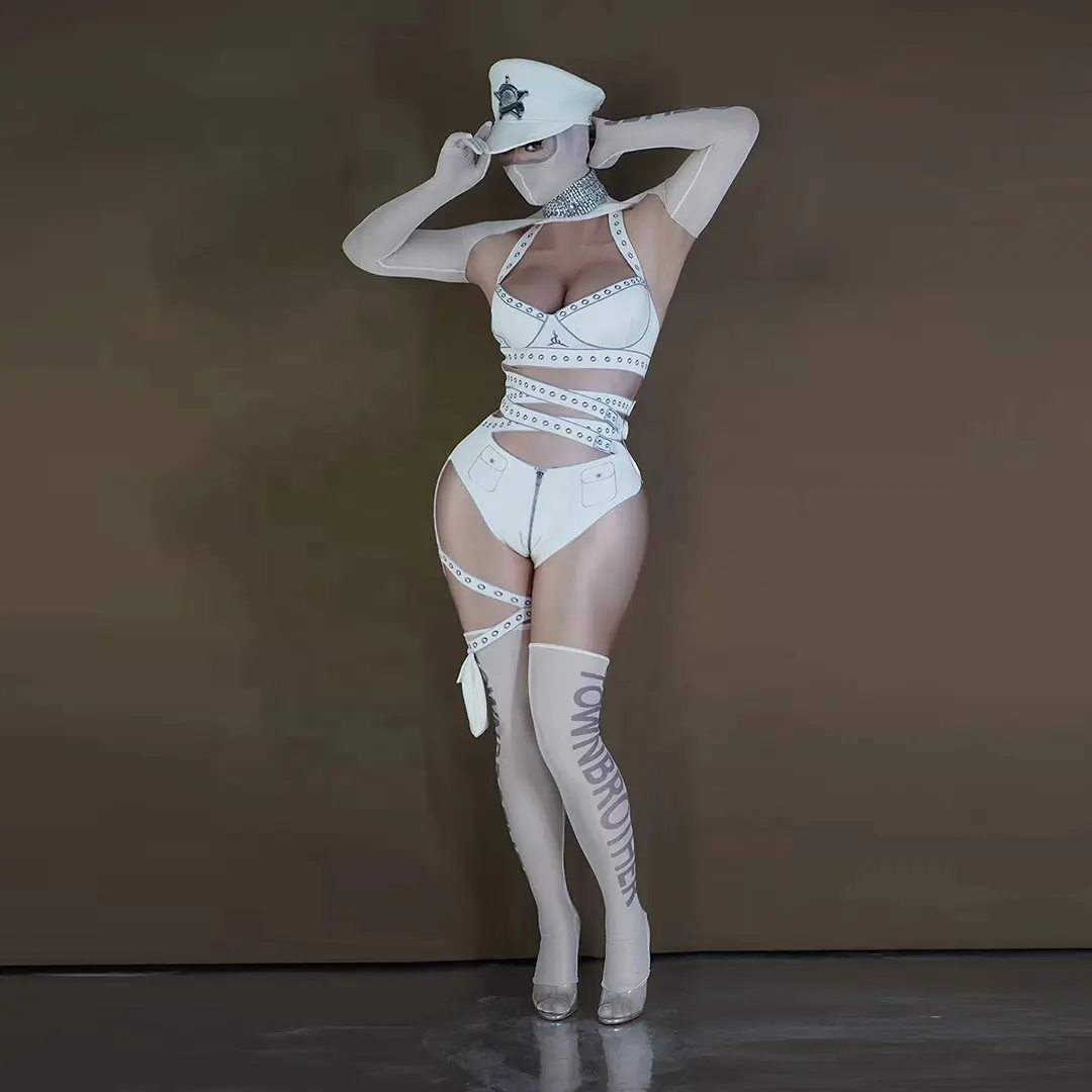 Seksi beyaz asker Cosplay kostümleri gece kulübü gösterisi sahne performansı kıyafet setleri erkek kadın striptizci kıyafetler egzotik giyim