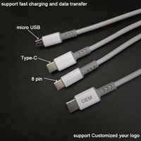 Alta eficiencia y carga rápida Malla de nylon trenzada 8 pines Micro USB tipo C 3 en 1 Cables