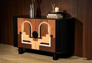 Aparador Moderno con Incrustaciones Geométricas de Madera, 2 Puertas, Gabinete de Almacenamiento, Patas con Paneles Acanalados, Decoración Retro para Sala de Estar - Product Image 5