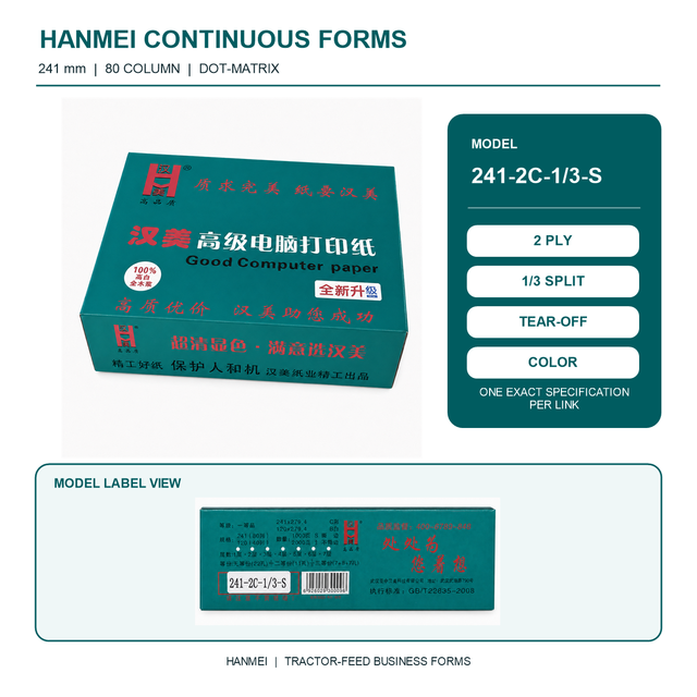 HANMEI 241mm 80 Column 2 Ply 1/3 Split Continuous Computer Paper for Tractor Feed Dot Matrix Printers