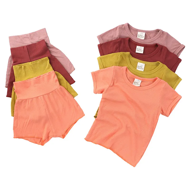 2022 बच्चे लड़की के कपड़े बच्चा लड़कियों के कपड़े सेट ग्रीष्मकालीन टैंक टॉप और शॉर्ट्स बुना हुआ सेट कस्टम लोगो बच्चों शॉर्ट्स सेट लड़कियों