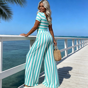Combinaison à rayures pour femmes, coupe large, manches courtes, col en V, tenue décontractée d'été, vêtements de plage - Product Image 2