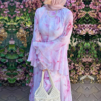Robe élégante pour femme musulmane arabe, à manches évasées, en tissu polyester double couche, imprimée