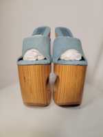 Sandales mules en jean bleu clair pour femme, à talon haut sculpté en bois, plateforme, ornées de dentelle, chaussures de soirée décontractées et avant-gardistes