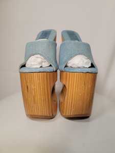 <span class=keywords><strong>Sandali</strong></span> Mule in Denim Azzurro Chiaro da <span class=keywords><strong>Donna</strong></span> con <span class=keywords><strong>Tacco</strong></span> Alto Scolpito in Legno, Plateau e Lacci, Scarpe Casual da Festa alla Moda Avant-garde - Product Image 6