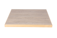 Table de bistrot carrée commerciale USA Formica, plateau HPL bicolore finition bois flotté avec base en piédestal noir, facile à nettoyer pour restaurant