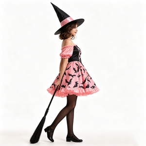 Vestido <span class=keywords><strong>de</strong></span> <span class=keywords><strong>Bruja</strong></span> con Estampado <span class=keywords><strong>de</strong></span> Murciélagos Rosa y Negro para Mujer, <span class=keywords><strong>Disfraz</strong></span> <span class=keywords><strong>de</strong></span> Cosplay <span class=keywords><strong>de</strong></span> Mago para Halloween - Product Image 2