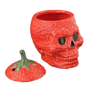 Personalizado al por mayor hecho a mano fiesta barware porcelana vidrio Tiki tazas cóctel taza cerámica rojo fresa cráneo cabeza taza con tapa