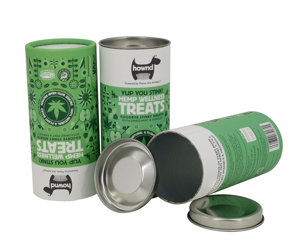 OEM Pet Health Products Packaging Aluminum Foil Liner Cylinder Paper Tube With Rolled Edge Cardboard Bottom And Tinplate Top Lid