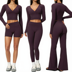 Bnice 4208 Ensemble de yoga pour femme en nylon doux, comprenant un haut court à col en V et manches longues, et un legging évasé froncé aux fesses, très élastique, pour le sport - Product Image 3