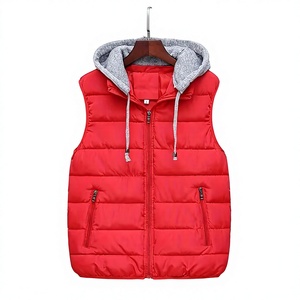 Men's Red Hooded Winter Vest Zipper Pockets Casual Outerwear Windproof Solid Color Polyester Wadding Canvas 340g 3D Embroidery - Product Image 1