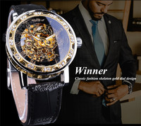 Montres-bracelets Winner pour hommes, montre de luxe avec boîtier transparent doré, design décontracté, bracelet en cuir marron, montres mécaniques squelette pour hommes