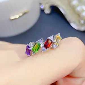 Multiple Natural Peridot Garnet Amethyst Cluster Rings S925 Sterling Silver 3*5mm Radiant Cut Mixed Gemstone Jewelry Wholesale