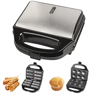 Mesin pie wafel hotdog 2 in 1, mesin pembuat wafel anjing panas muffin stainless steel 6 Slot