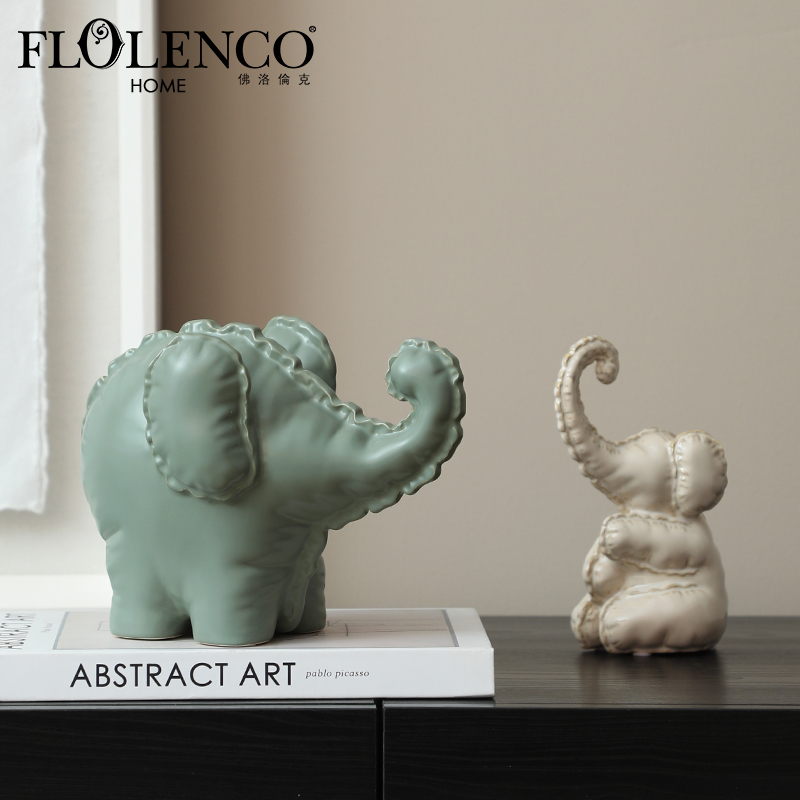 Flolenco Modern Interior Table Elephant Figurine Handmade Ceramic White Green Cute Animal Decoration for Party Wedding Decor · image 1