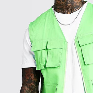 Neon <strong>Green</strong> <strong>Men</strong> Sleeveless Washed Pocket Detail Utility <strong>Denim</strong> Vest <strong>Jacket</strong> - Product Image 6