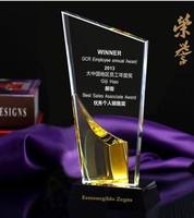 Trophée en cristal personnalisé en gros, gravé au laser 3D, avec base métallique, cadeau d'entreprise pour événement de reconnaissance des employés