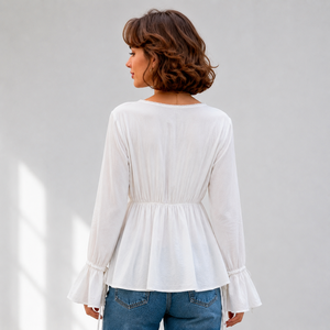 Women's V Neck Lace Trim <b>Crop</b> Blouse Casual Loose Fit High Waist Babydoll <b>Top</b> Lightweight Feminine Tee - Product Image 5