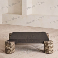 Table basse carrée Wabi Sabi Dream Home avec plateau en bois brûlé, pieds cylindriques en marbre brut, table de salon rustique